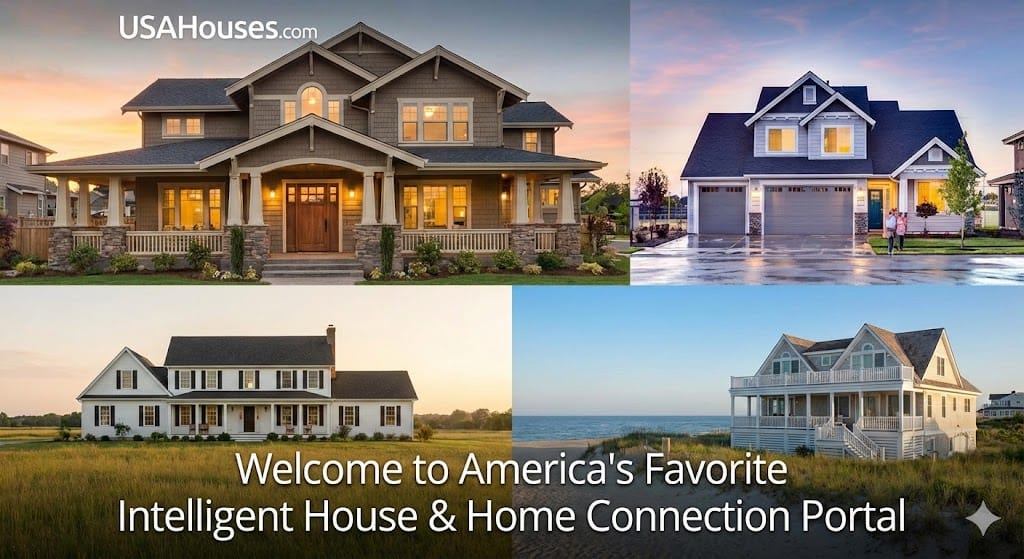 International House Buyers have plenty of choices here. Collage of diverse American homes including a craftsman bungalow, modern farmhouse, and coastal estate representing the USA Houses national real estate portal.