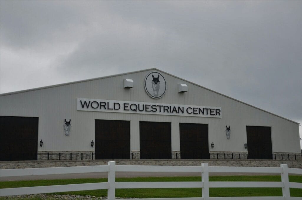 World Equestrian Center white and black concrete building in Ocala Florida